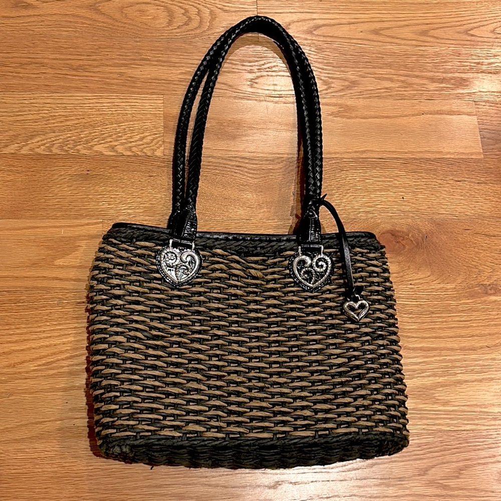 ✨ BRIGHTON ✨ Vintage Raffia Weave Straw Leather Trim Black/Brown Bucket Bag - Picture 2 of 16